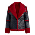 Women's Black Leather and Red Faux Shearling Aviator Jacket-Women Shearling Jacket-Wayne Leather Jackets
