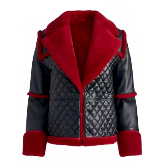 Women's Black Leather and Red Faux Shearling Aviator Jacket-Women Shearling Jacket-Wayne Leather Jackets