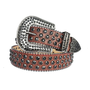 Black Rhinestones with Brown Textured Strap Rhinestone Belt-Belts-The Rhinestone Belts
