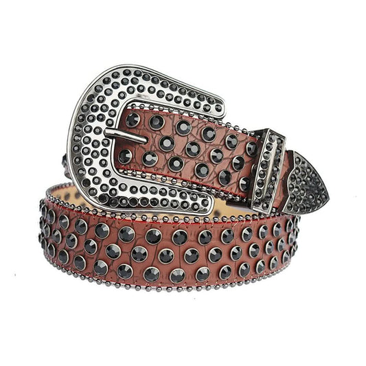 Black Rhinestones with Brown Textured Strap Rhinestone Belt-Belts-The Rhinestone Belts