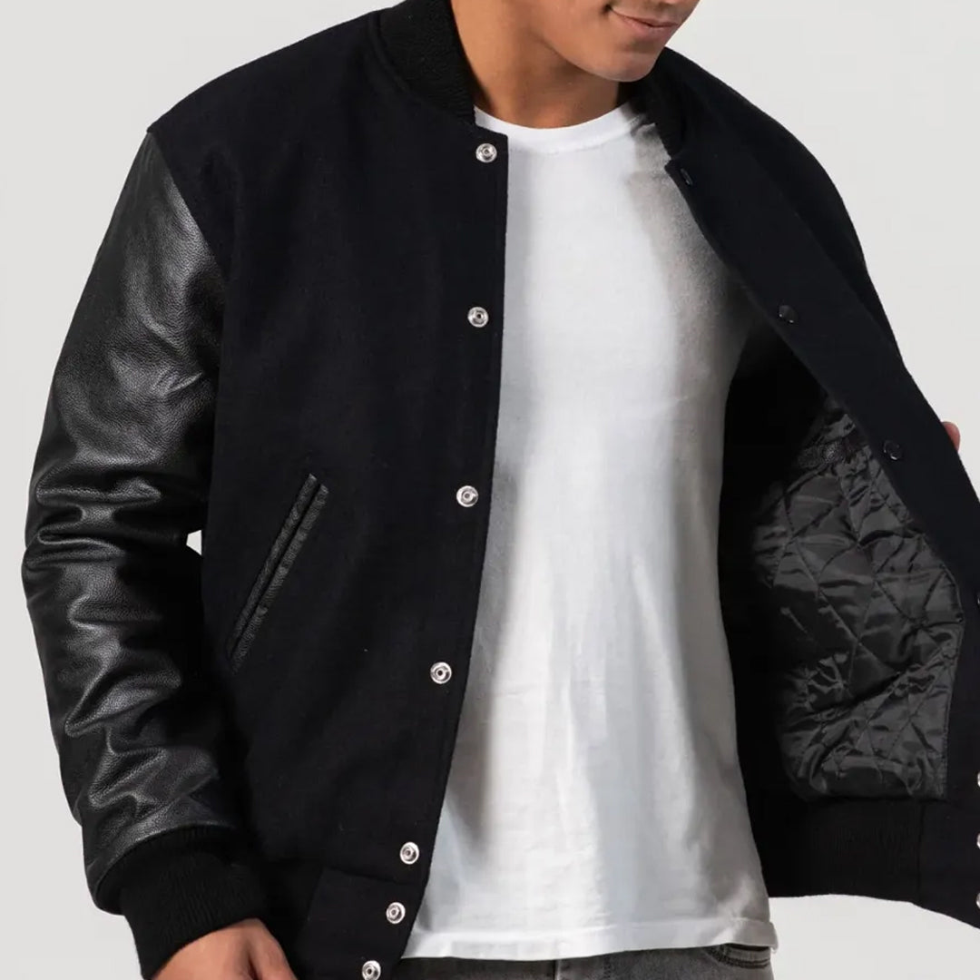 Black Wool Body & Black Leather Sleeves Varsity Jacket