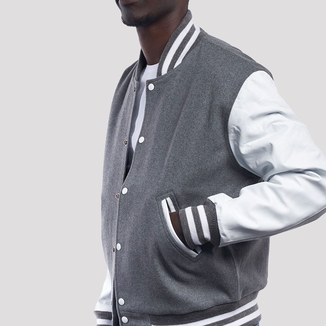 Light Oxford Wool Body & Bright White Leather Sleeves Varsity Jacket