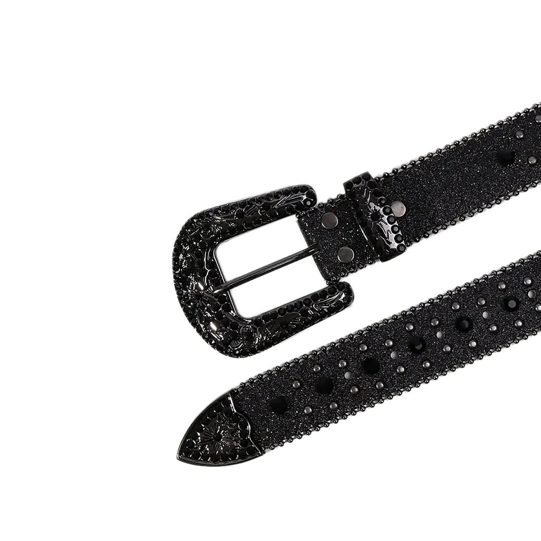 Engraved Buckle Cross Black Strap with Black Studs Rhinestone Belt-Belts-The Rhinestone Belts