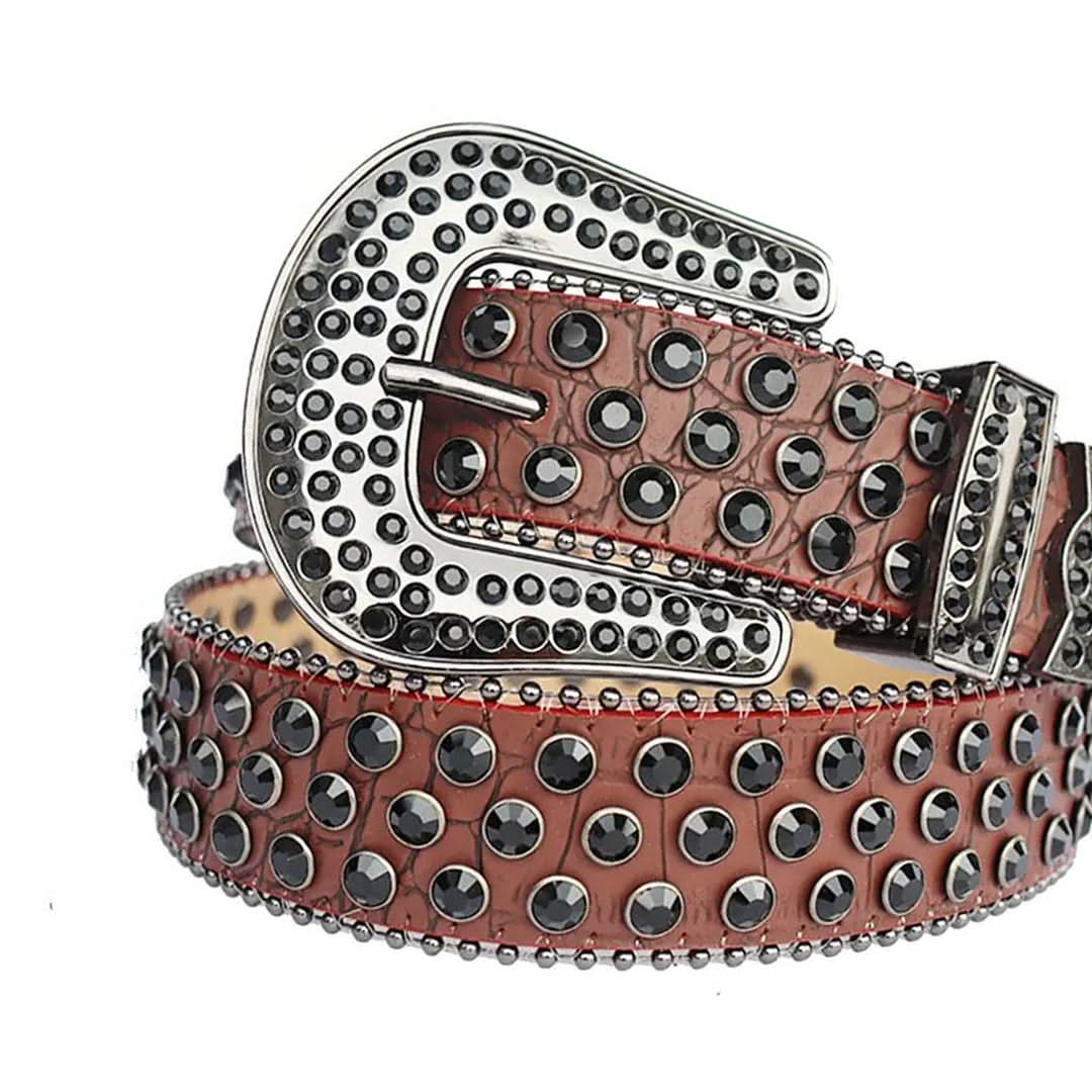 Black Rhinestones with Brown Textured Strap Rhinestone Belt-Belts-The Rhinestone Belts