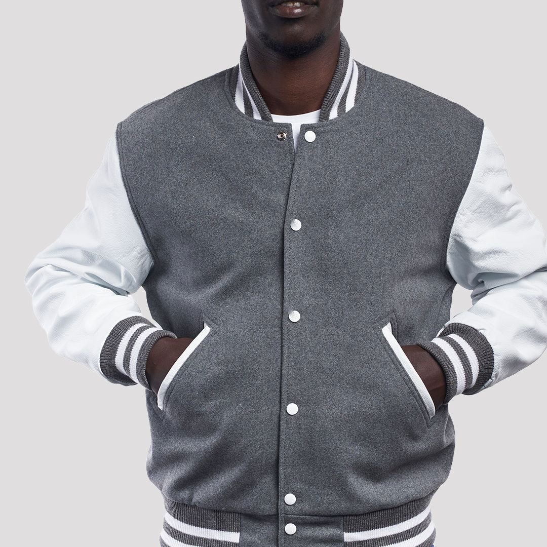 Light Oxford Wool Body & Bright White Leather Sleeves Varsity Jacket