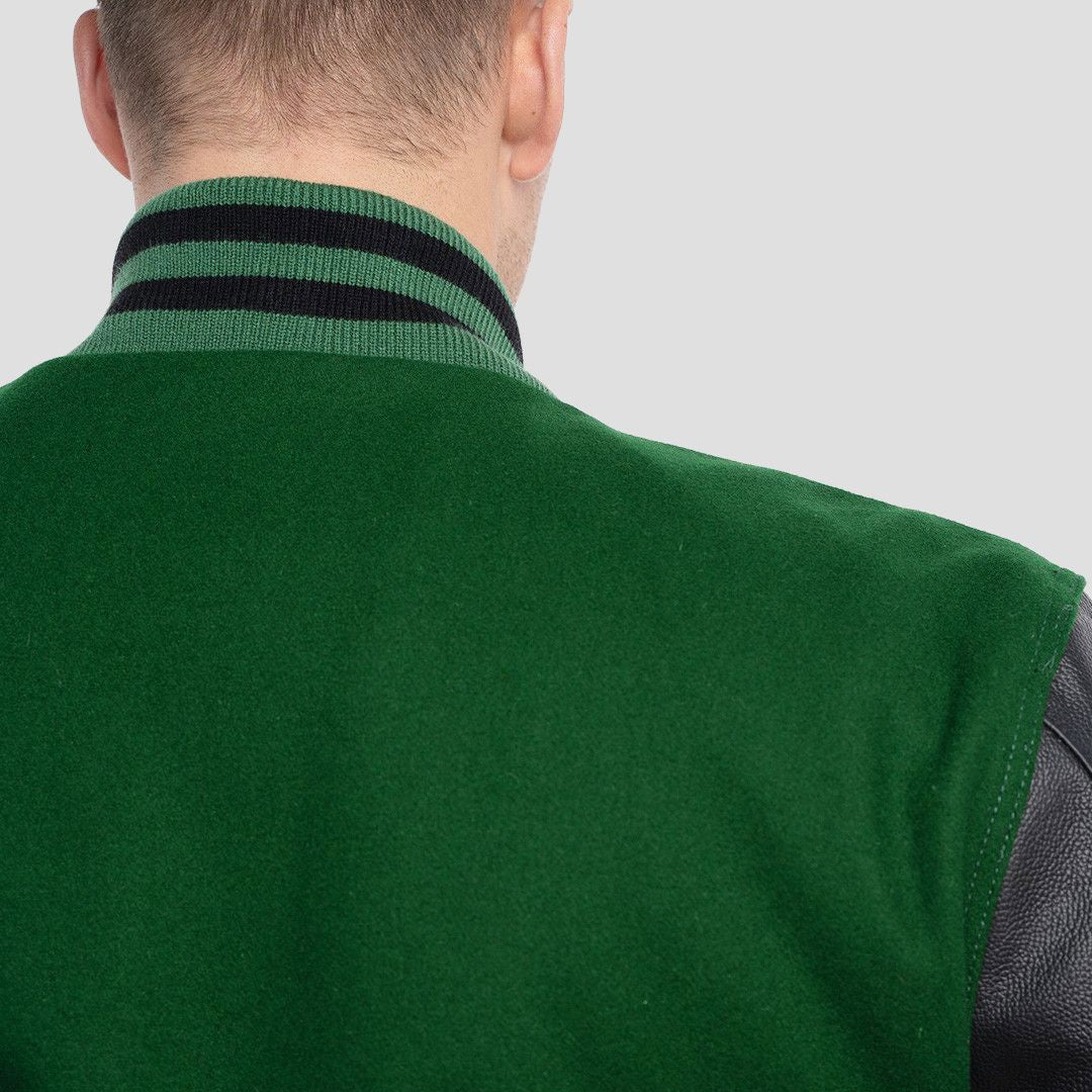 Kelly Green Wool Body & Black Leather Sleeves Varsity Jacket