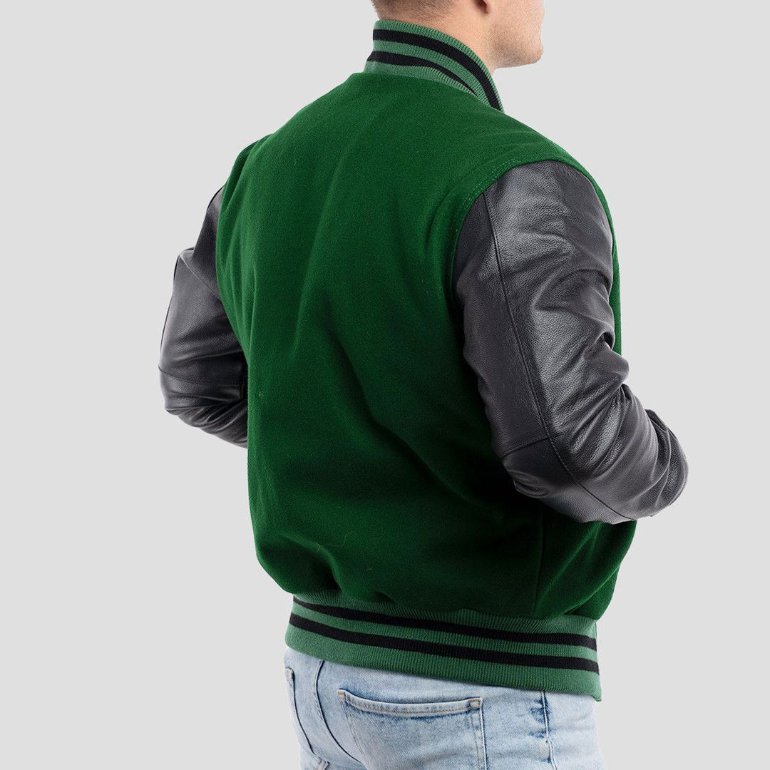 Kelly Green Wool Body & Black Leather Sleeves Varsity Jacket