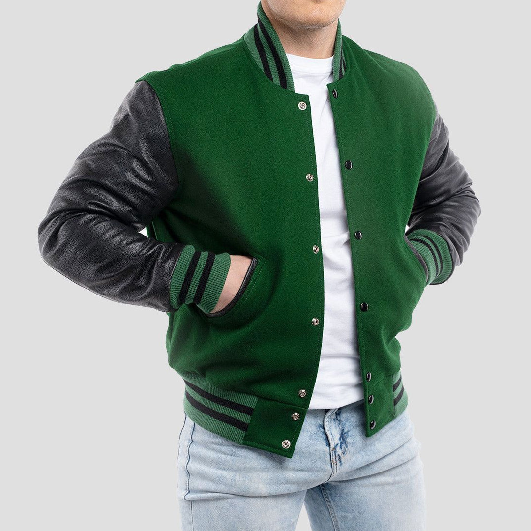 Kelly Green Wool Body & Black Leather Sleeves Varsity Jacket