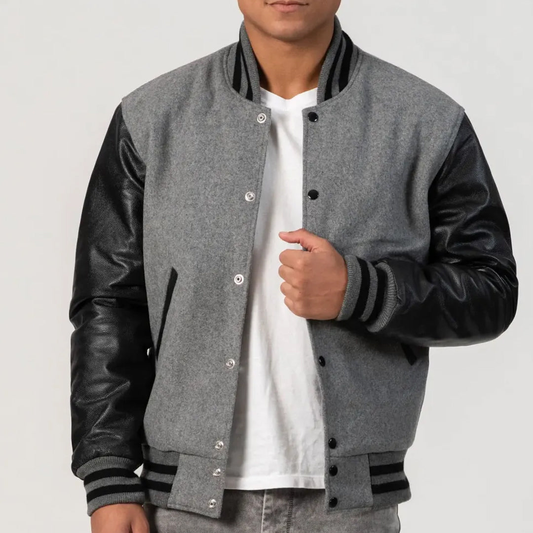 Light Oxford Wool Body & Black Leather Sleeves Varsity Jacket