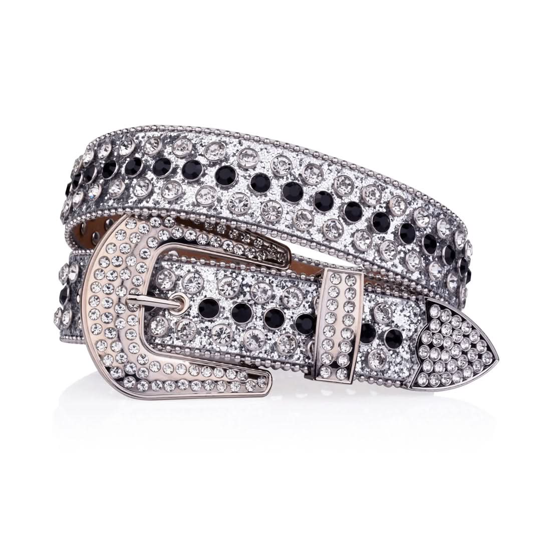 Silver Strap with Silver and Black Studs Rhinestone Belt-Belts-The Rhinestone Belts