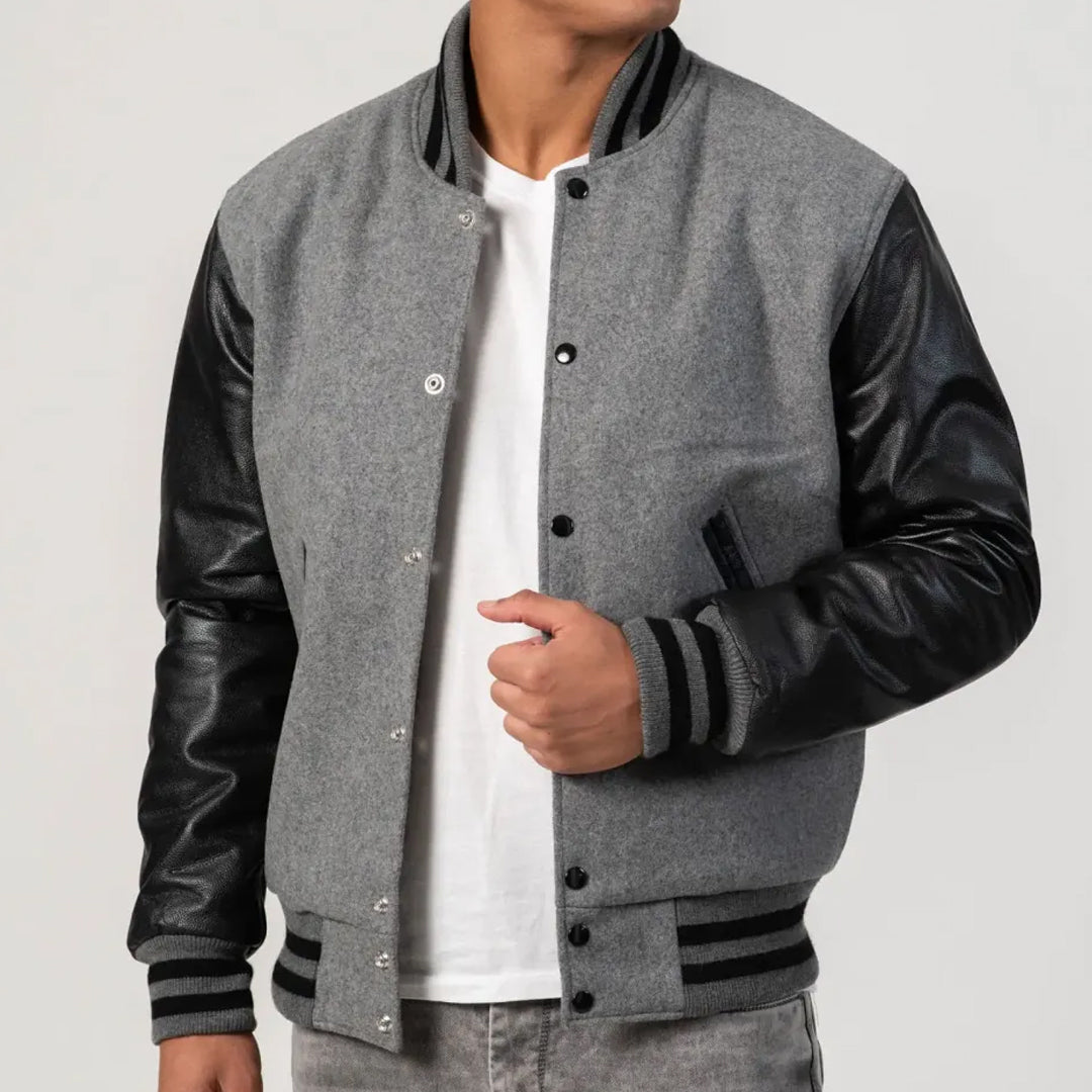 Light Oxford Wool Body & Black Leather Sleeves Varsity Jacket