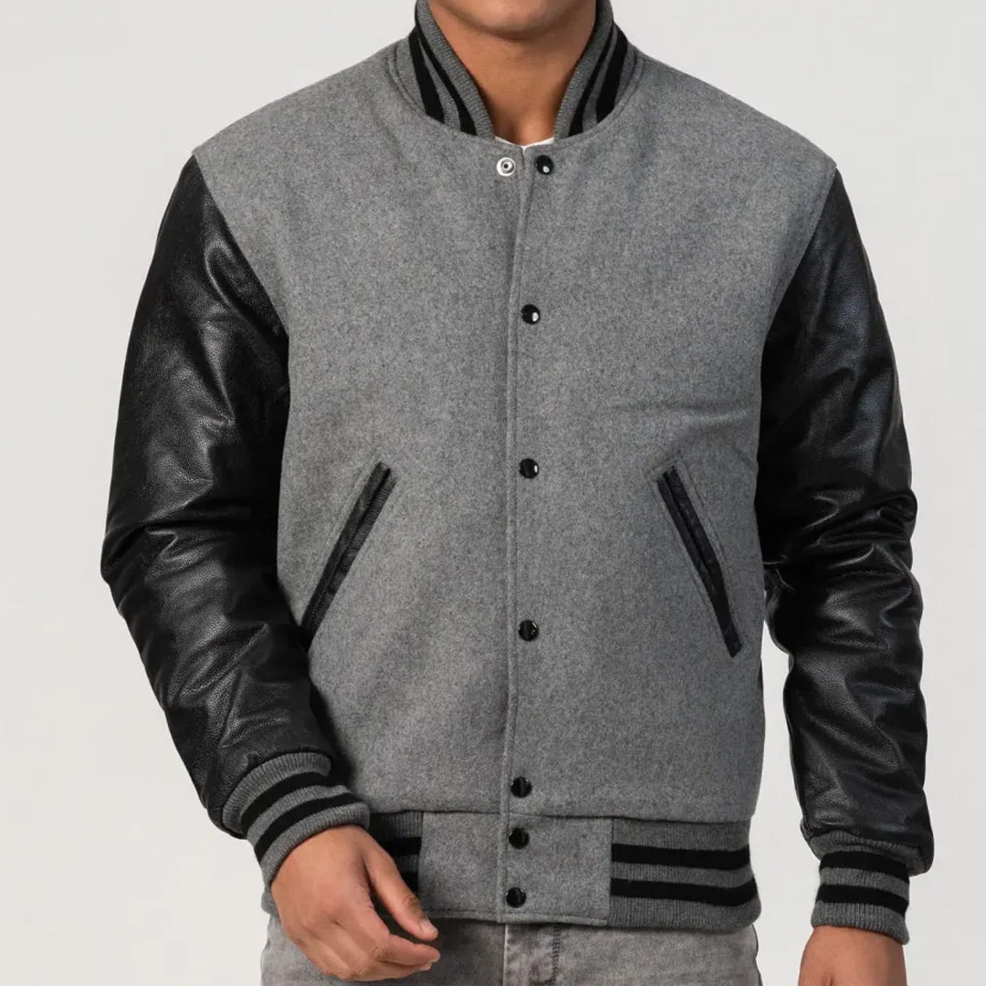 Light Oxford Wool Body & Black Leather Sleeves Varsity Jacket