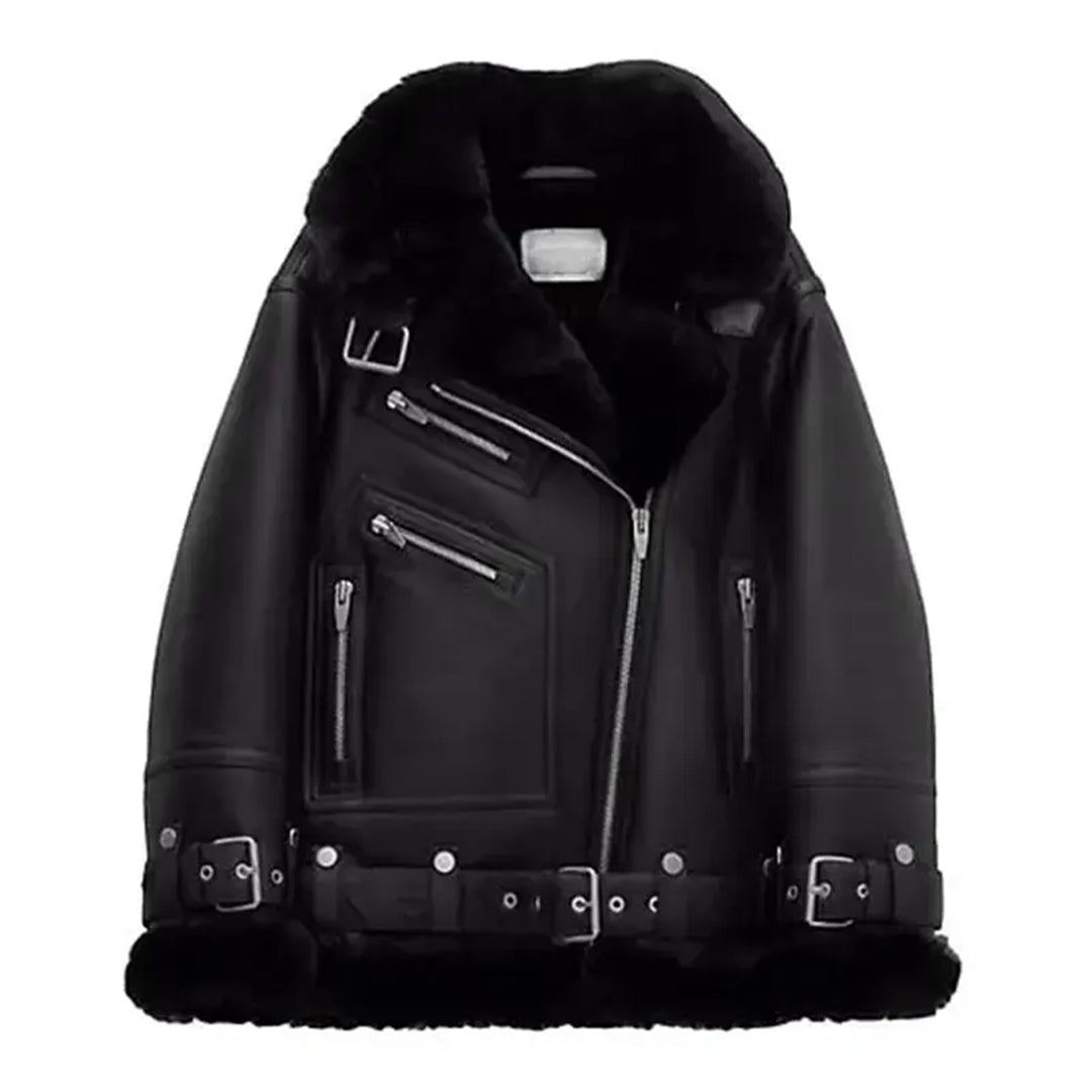 Women's Notch Faux Shearling Moto Leather Jacket-Women Shearling Jacket-Wayne Leather Jackets