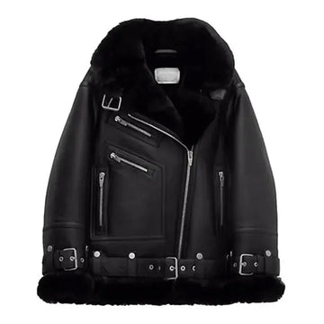 Women's Notch Faux Shearling Moto Leather Jacket-Women Shearling Jacket-Wayne Leather Jackets