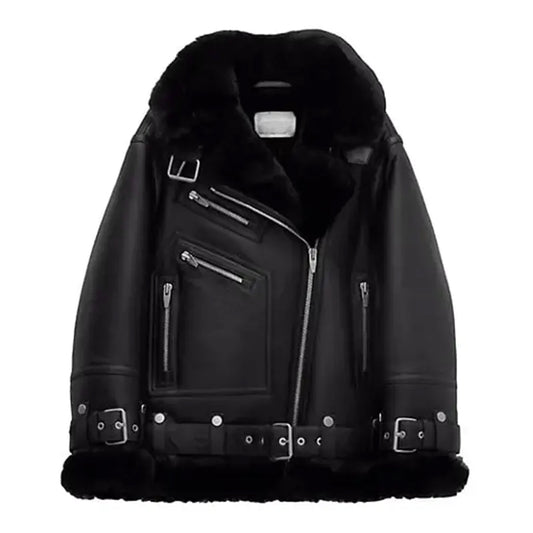 Women's Notch Faux Shearling Moto Leather Jacket-Women Shearling Jacket-Wayne Leather Jackets