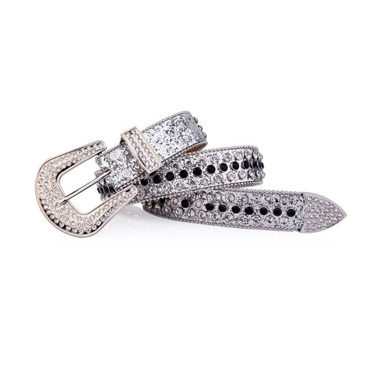 Silver Strap with Silver and Black Studs Rhinestone Belt-Belts-The Rhinestone Belts