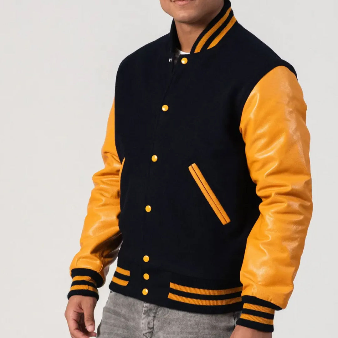 Black Wool Body & Bright Gold Leather Sleeves Varsity Jacket