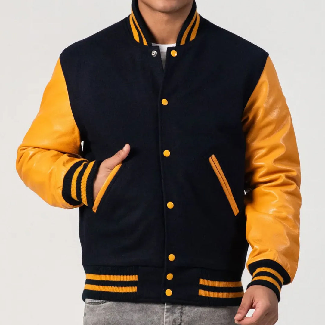 Black Wool Body & Bright Gold Leather Sleeves Varsity Jacket