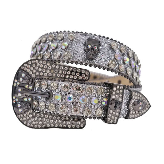 Diamond Rhinestones with Grey Glitter Strap and Skull Buckles Rhinestone Belt-Belts-The Rhinestone Belts
