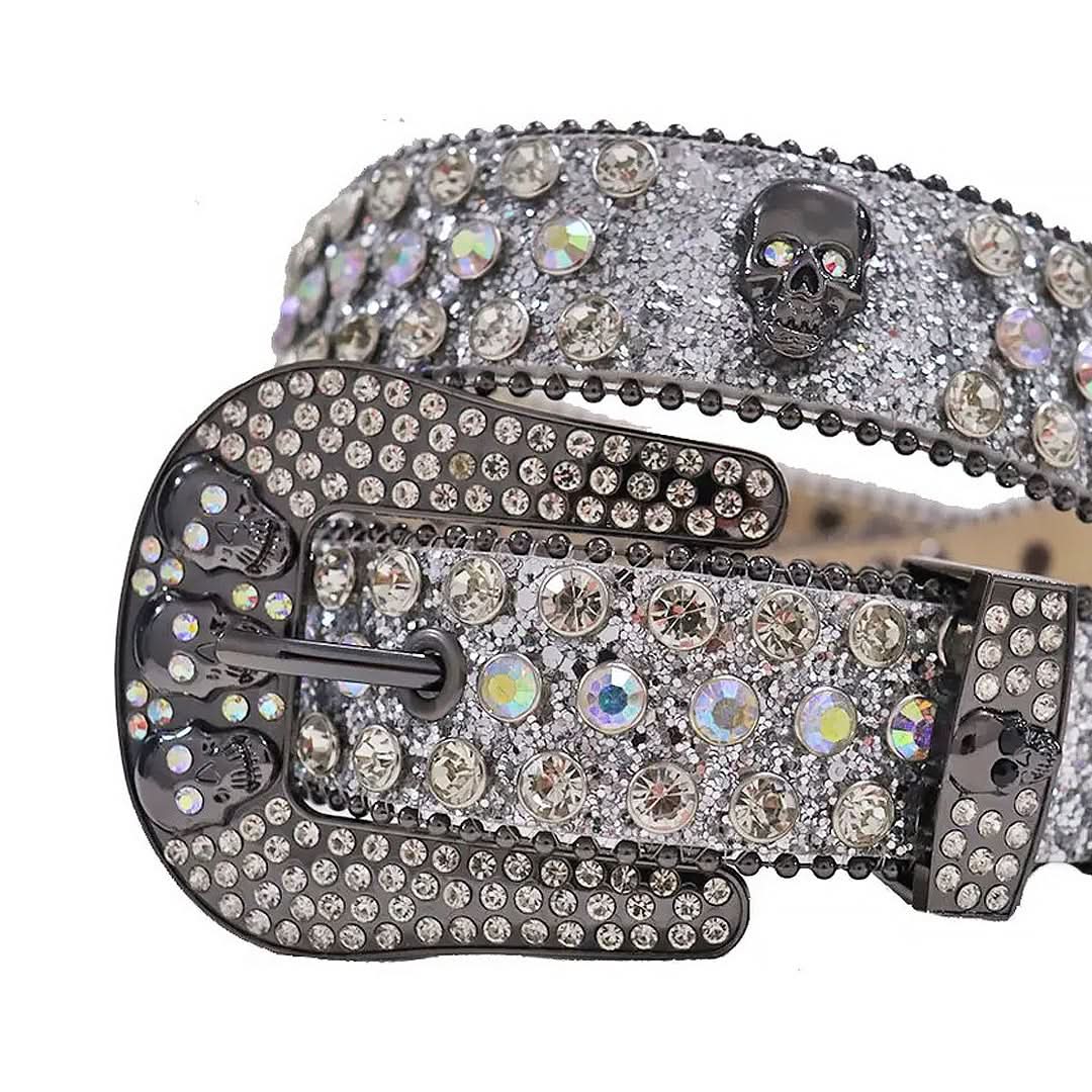 Diamond Rhinestones with Grey Glitter Strap and Skull Buckles Rhinestone Belt-Belts-The Rhinestone Belts