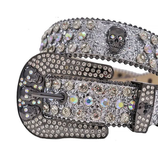 Diamond Rhinestones with Grey Glitter Strap and Skull Buckles Rhinestone Belt-Belts-The Rhinestone Belts