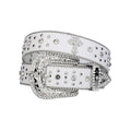 Engraved Buckle Cross White Strap with Crystal Studs Rhinestone Belt-Belts-The Rhinestone Belts