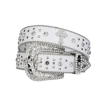 Engraved Buckle Cross White Strap with Crystal Studs Rhinestone Belt-Belts-The Rhinestone Belts