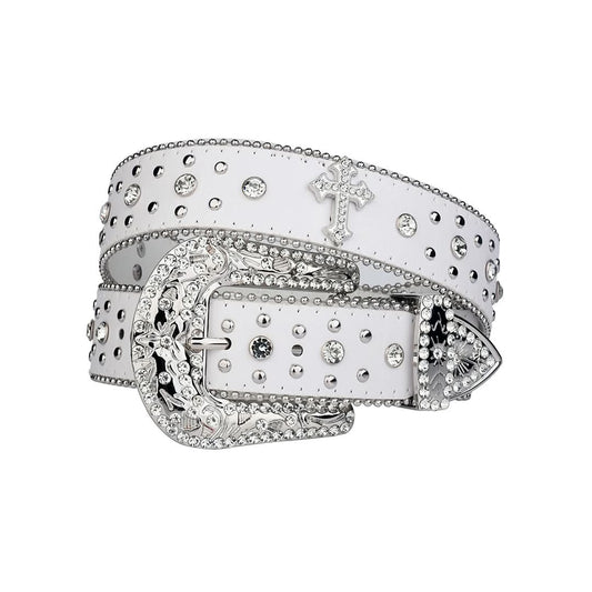 Engraved Buckle Cross White Strap with Crystal Studs Rhinestone Belt-Belts-The Rhinestone Belts