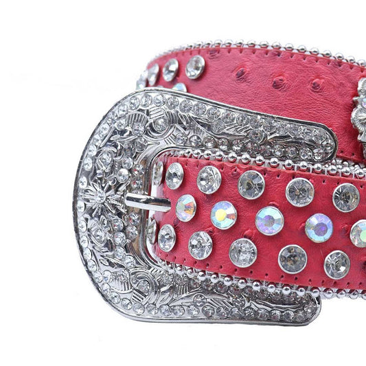 Engraved Buckle Flower Red Strap with Multi and Crystal Studs Rhinestone Belt-Belts-The Rhinestone Belts