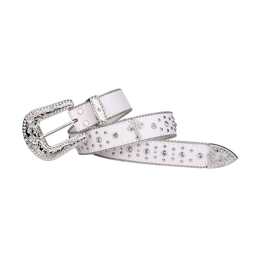 Engraved Buckle Cross White Strap with Crystal Studs Rhinestone Belt-Belts-The Rhinestone Belts