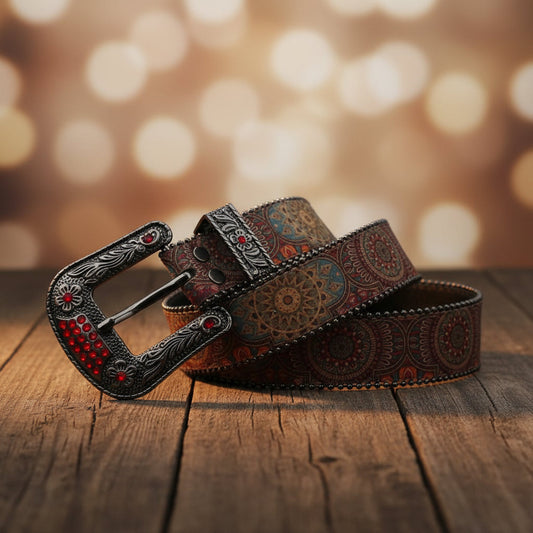 Engraved Buckle Zombie Art with Red Studded Strap Rhinestone Belt-Belts-The Rhinestone Belts