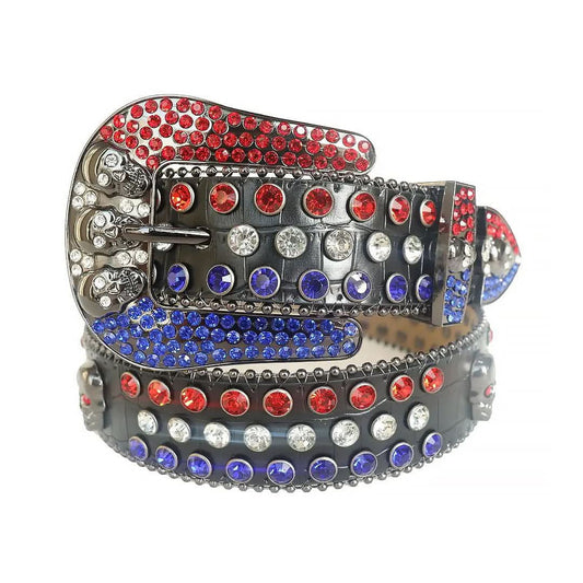 Red and Blue Studs with Black Strap and Skull Buckles Rhinestone Belt-Belts-The Rhinestone Belts