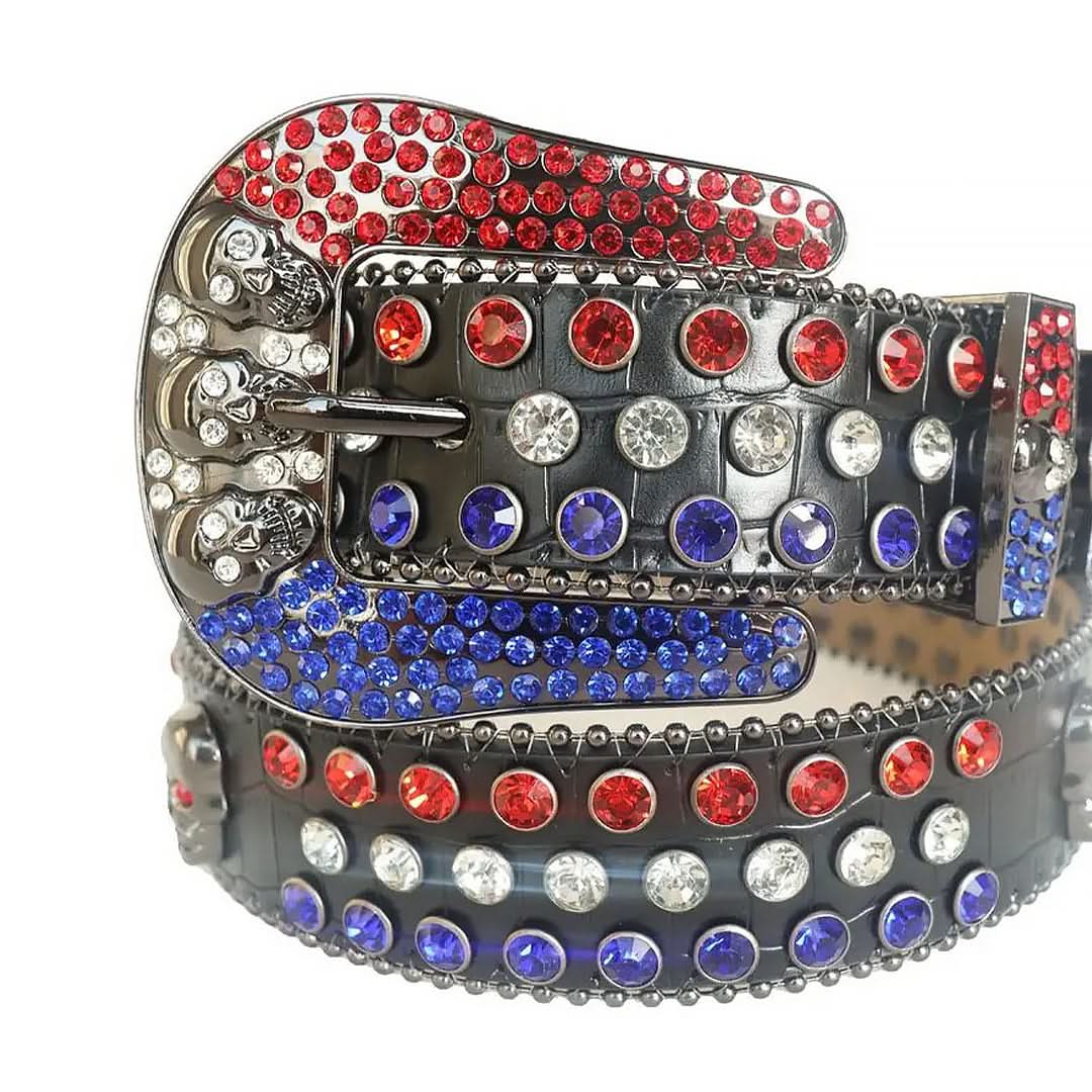 Red and Blue Studs with Black Strap and Skull Buckles Rhinestone Belt-Belts-The Rhinestone Belts