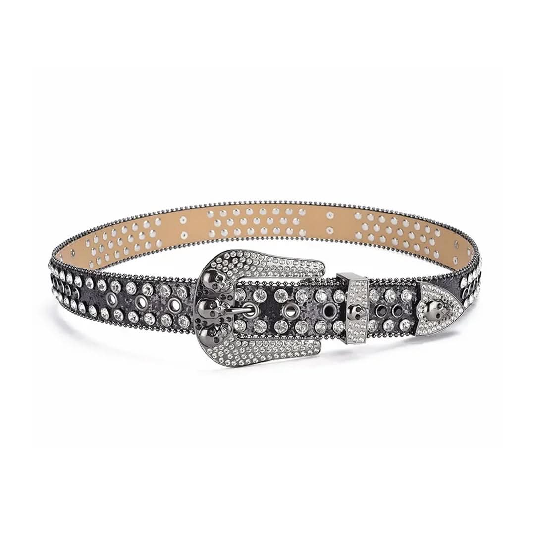 Skull Buckle Black Strap with Crystal Studs Rhinestone Belt-Belts-The Rhinestone Belts