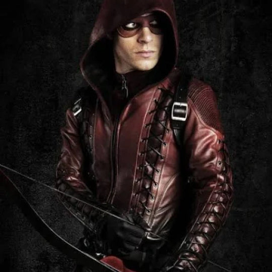 Colton Haynes Arrow Hooded Red Leather Jacket