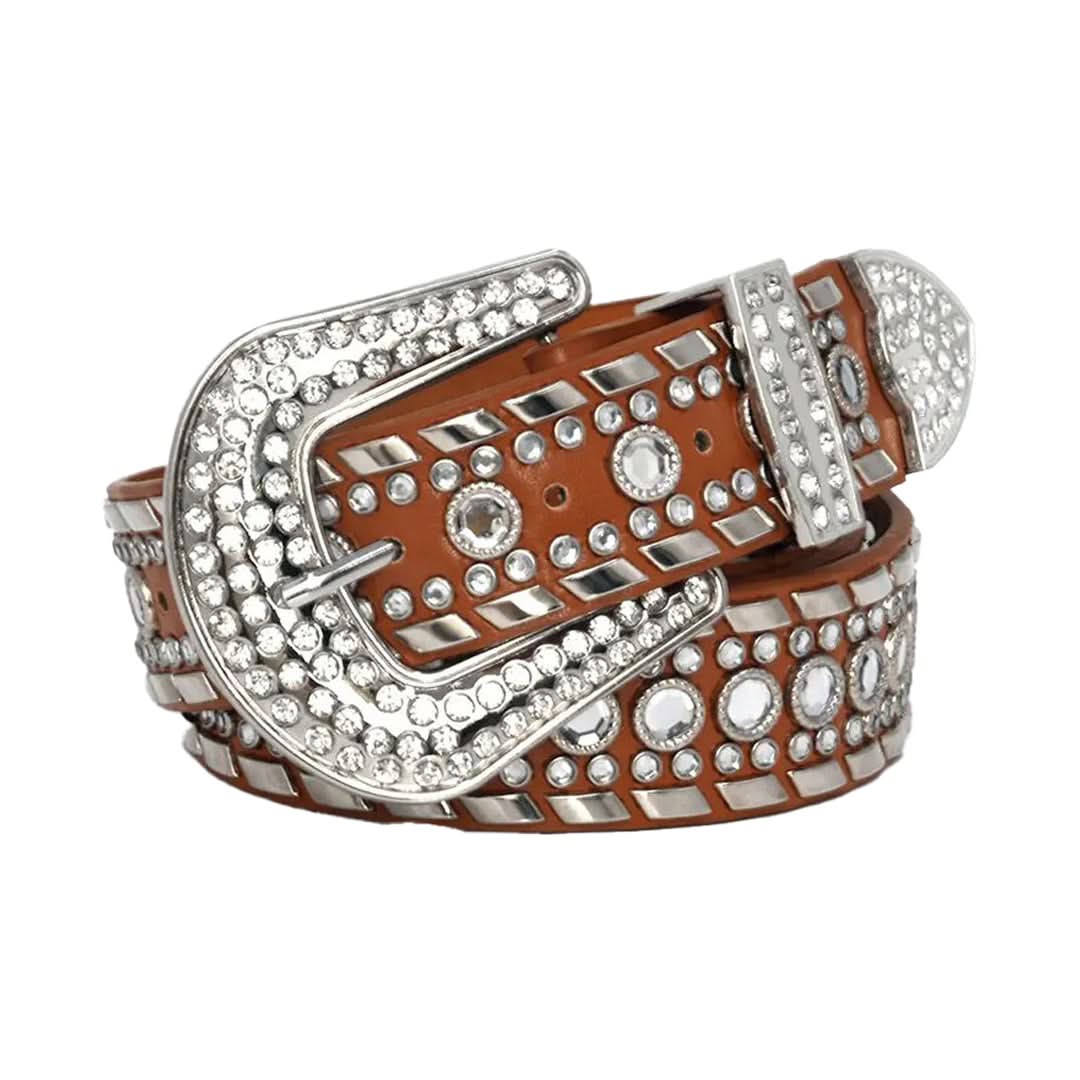 Diamond Rhinestones with Brown Strap Rhinestone Belt-Belts-The Rhinestone Belts