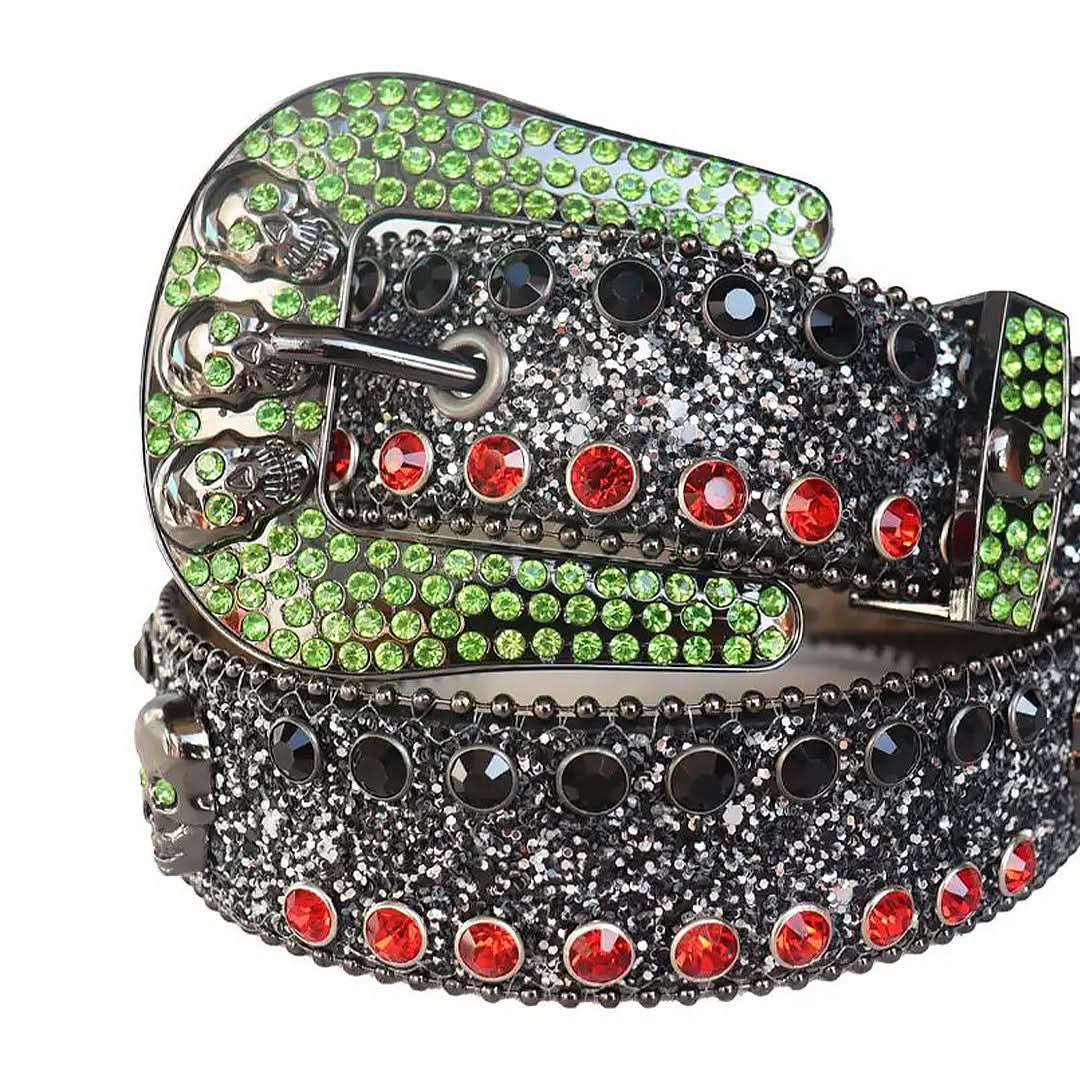 Multi Rhinestones with Black Glitter Strap and Skull Buckles Rhinestone Belt-Belts-The Rhinestone Belts