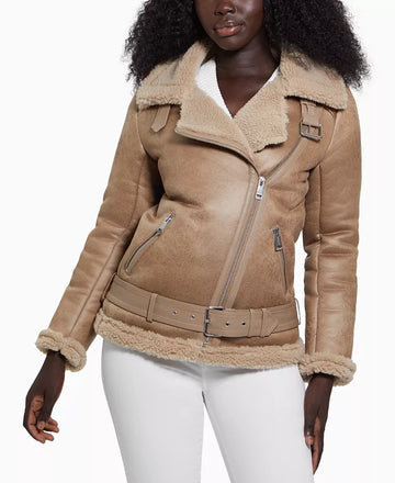 Women's Asymmetric Faux-Shearling Moto Leather Coat