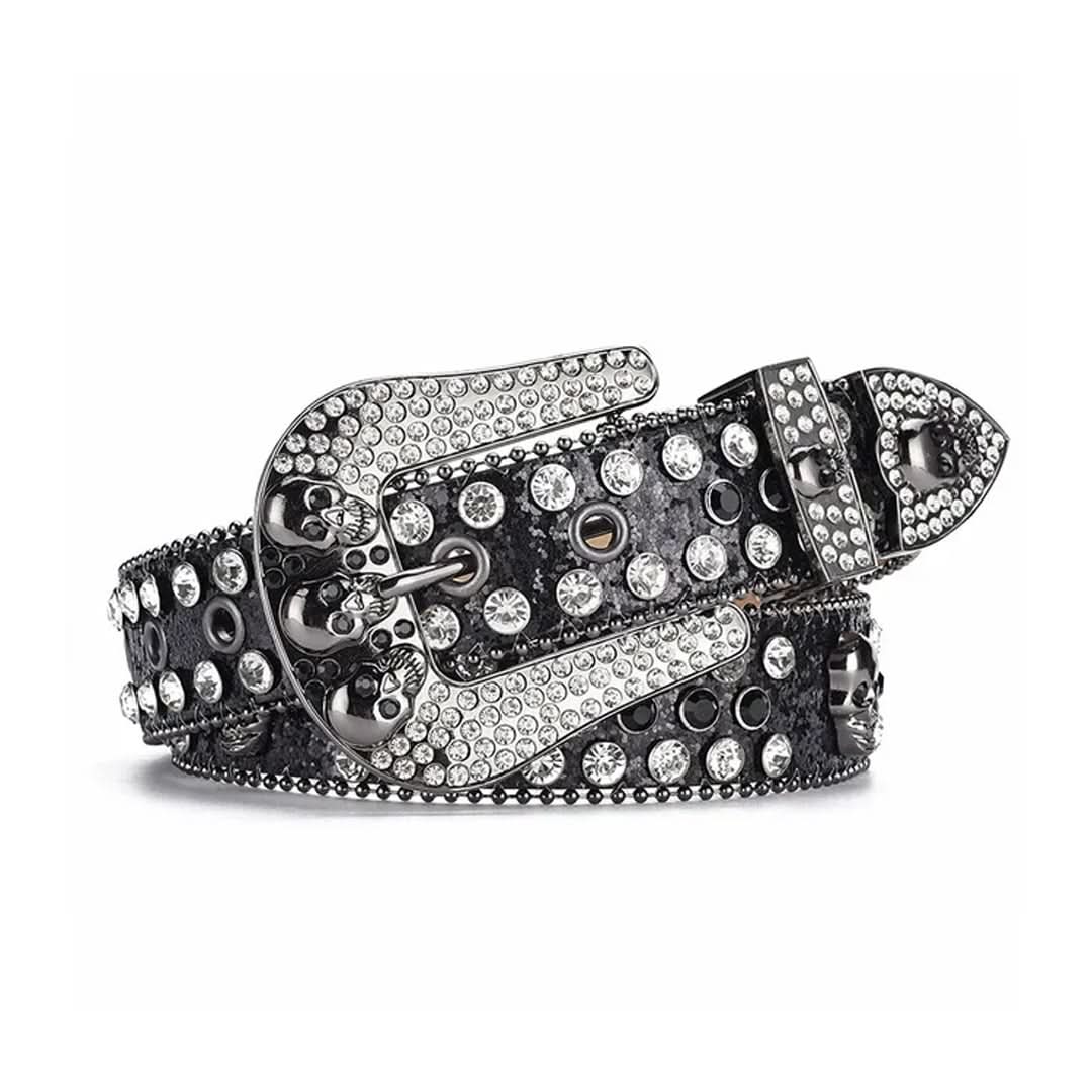 Skull Buckle Black Strap with Crystal Studs Rhinestone Belt-Belts-The Rhinestone Belts