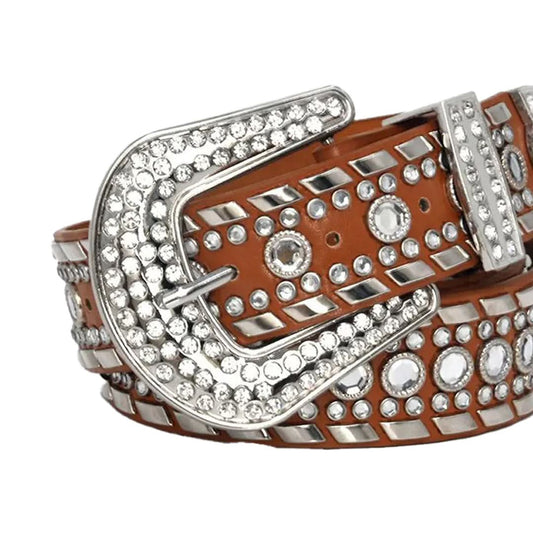 Diamond Rhinestones with Brown Strap Rhinestone Belt-Belts-The Rhinestone Belts