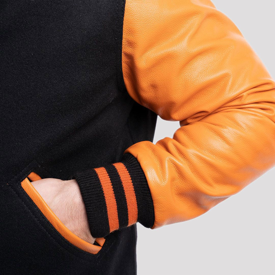 Black Wool Body & Orange Leather Sleeves Varsity Jacket