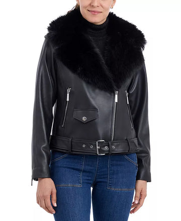 Women's Petite Fur-Collar Moto Leather Coat