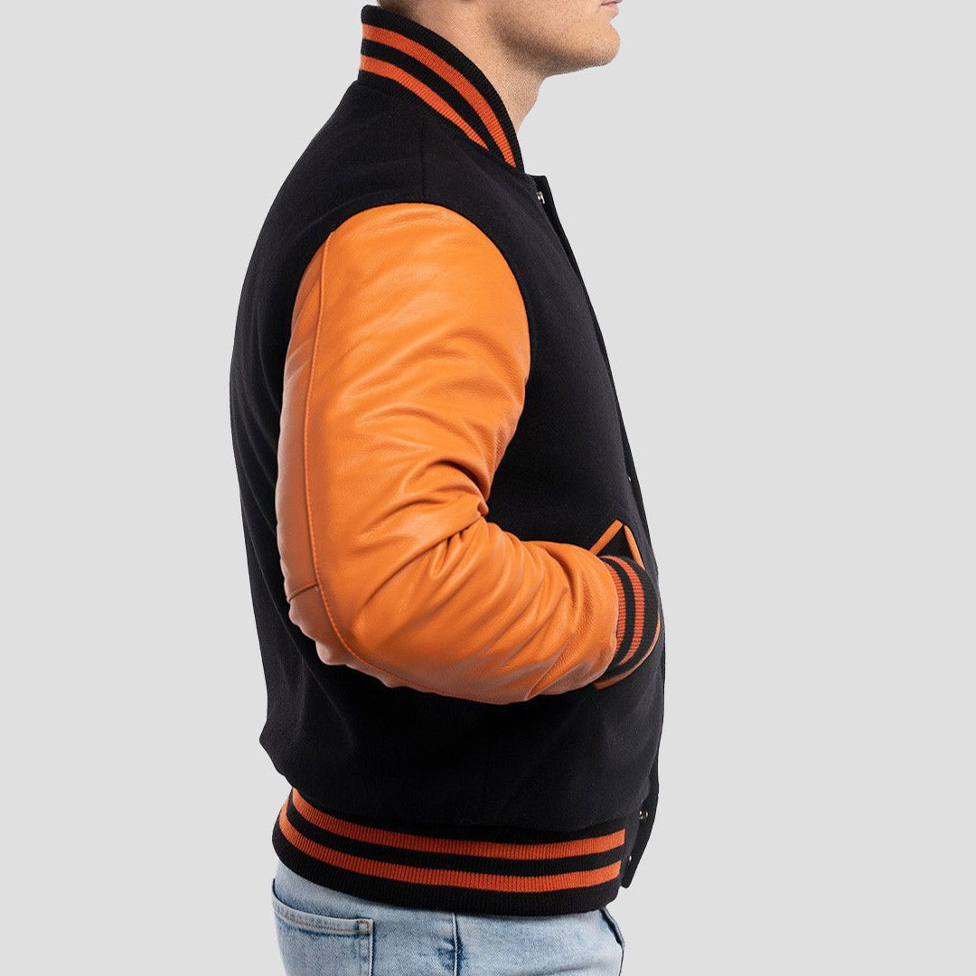 Black Wool Body & Orange Leather Sleeves Varsity Jacket