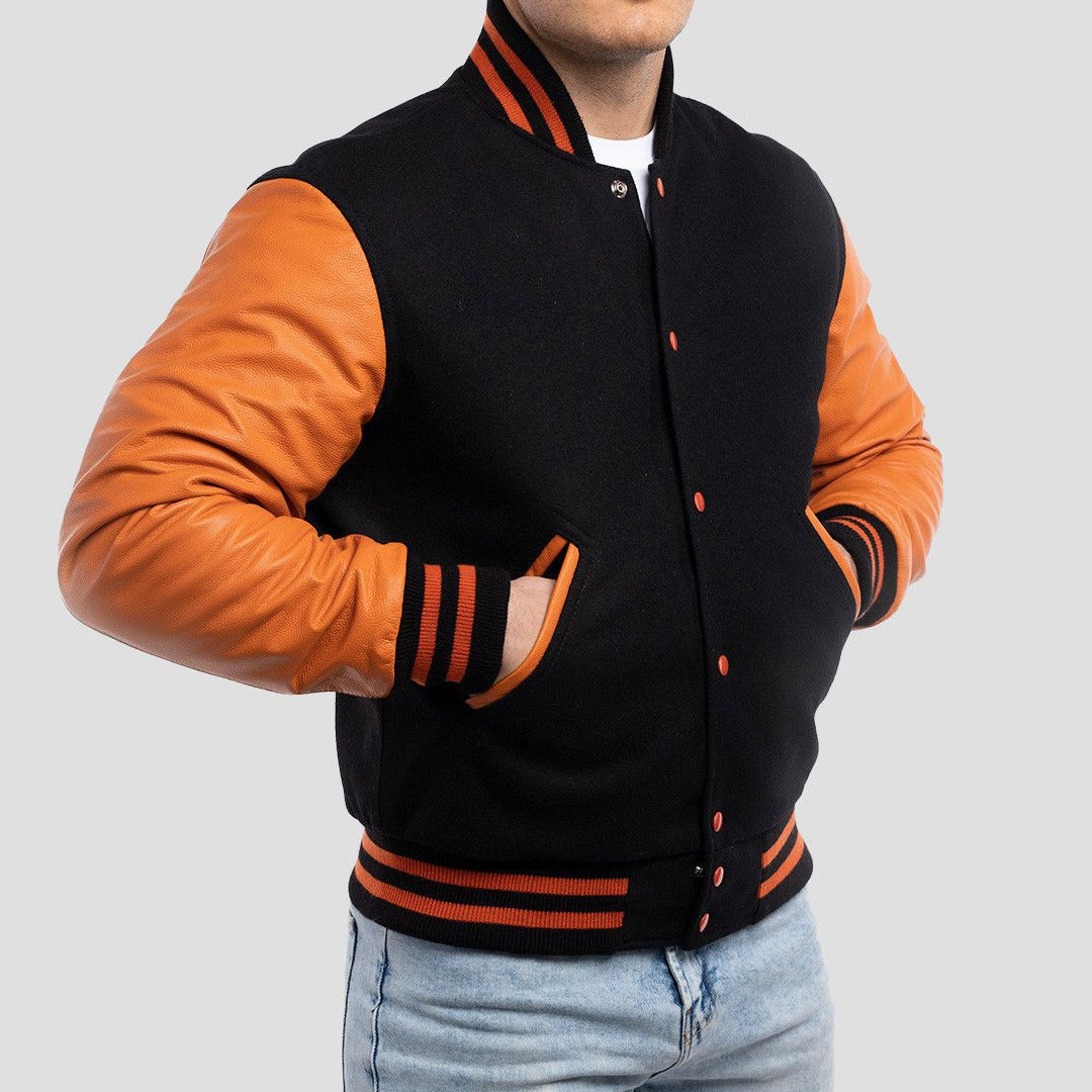 Black Wool Body & Orange Leather Sleeves Varsity Jacket