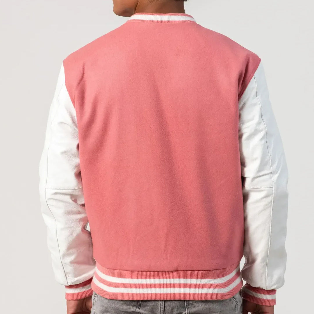 Pink Wool Body & Bright White Leather Sleeves Varsity Jacket