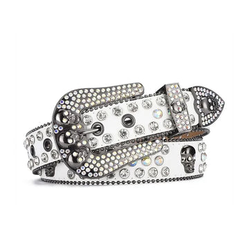 Skull Buckle White Strap with Crystal Studs Rhinestone Belt-Belts-The Rhinestone Belts