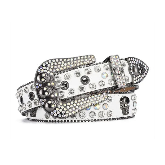 Skull Buckle White Strap with Crystal Studs Rhinestone Belt-Belts-The Rhinestone Belts