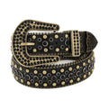 Black Rhinestones and Gold Studs with Black Textured Strap Rhinestone Belt-Belts-The Rhinestone Belts