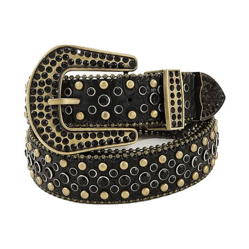 Black Rhinestones and Gold Studs with Black Textured Strap Rhinestone Belt-Belts-The Rhinestone Belts