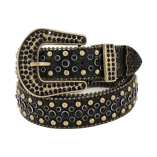 Black Rhinestones and Gold Studs with Black Textured Strap Rhinestone Belt-Belts-The Rhinestone Belts